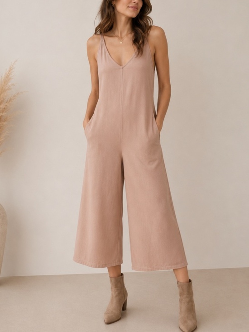 LACAUSA Santin Double V-Neck Jumpsuit in Rose